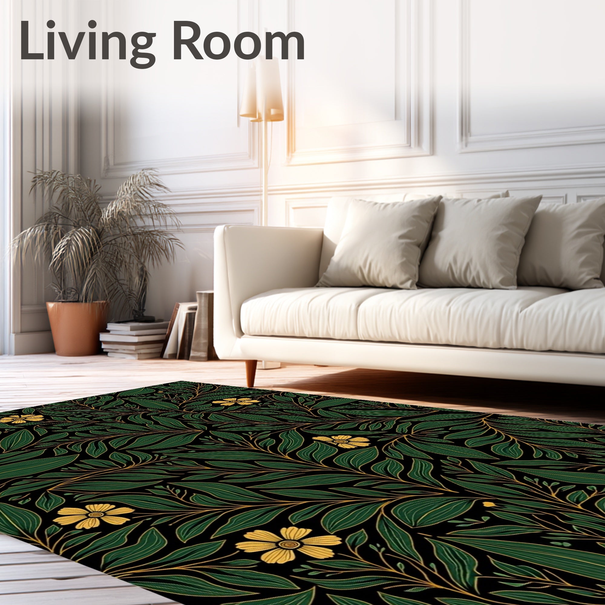 Dark Emerald Yellow Floral Vine Rug