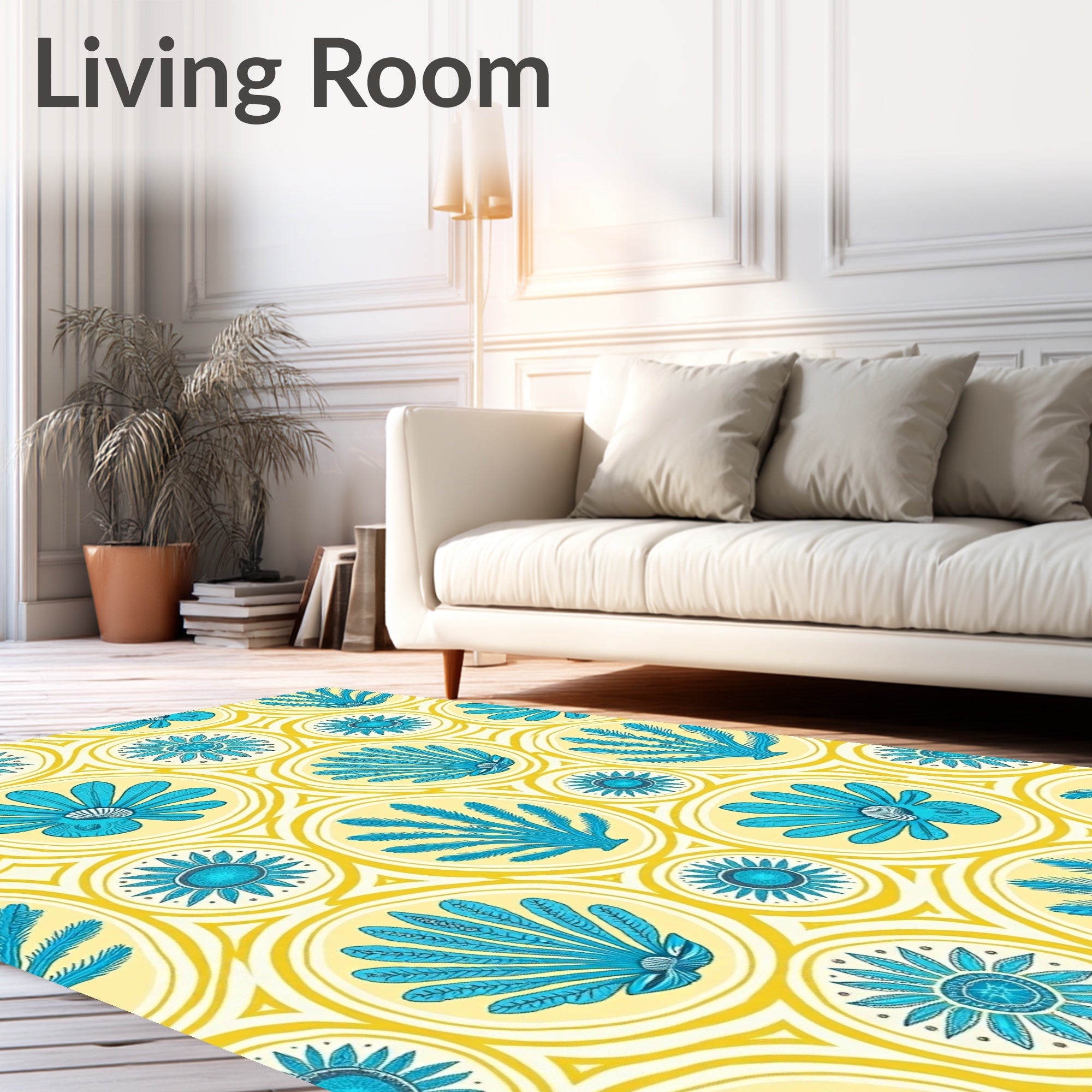 Turquoise Blue Botanical Circles Yellow Rug