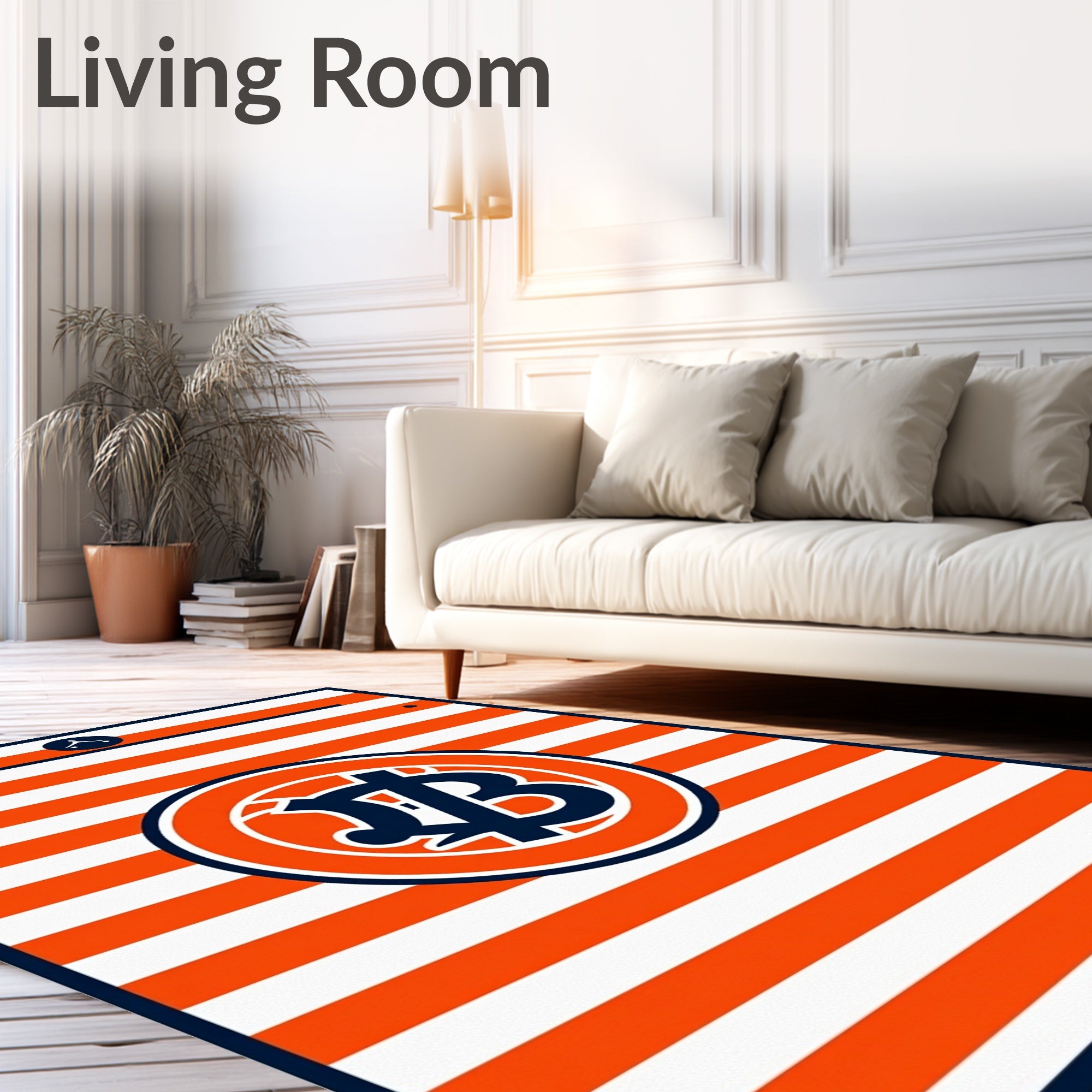 Bold Orange and Navy Stripe Emblem Rug
