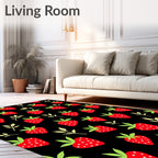 Juicy Strawberry Black Background Repeating Pattern Rug