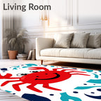 Happy Red Crab Blue Wave Accents Rug