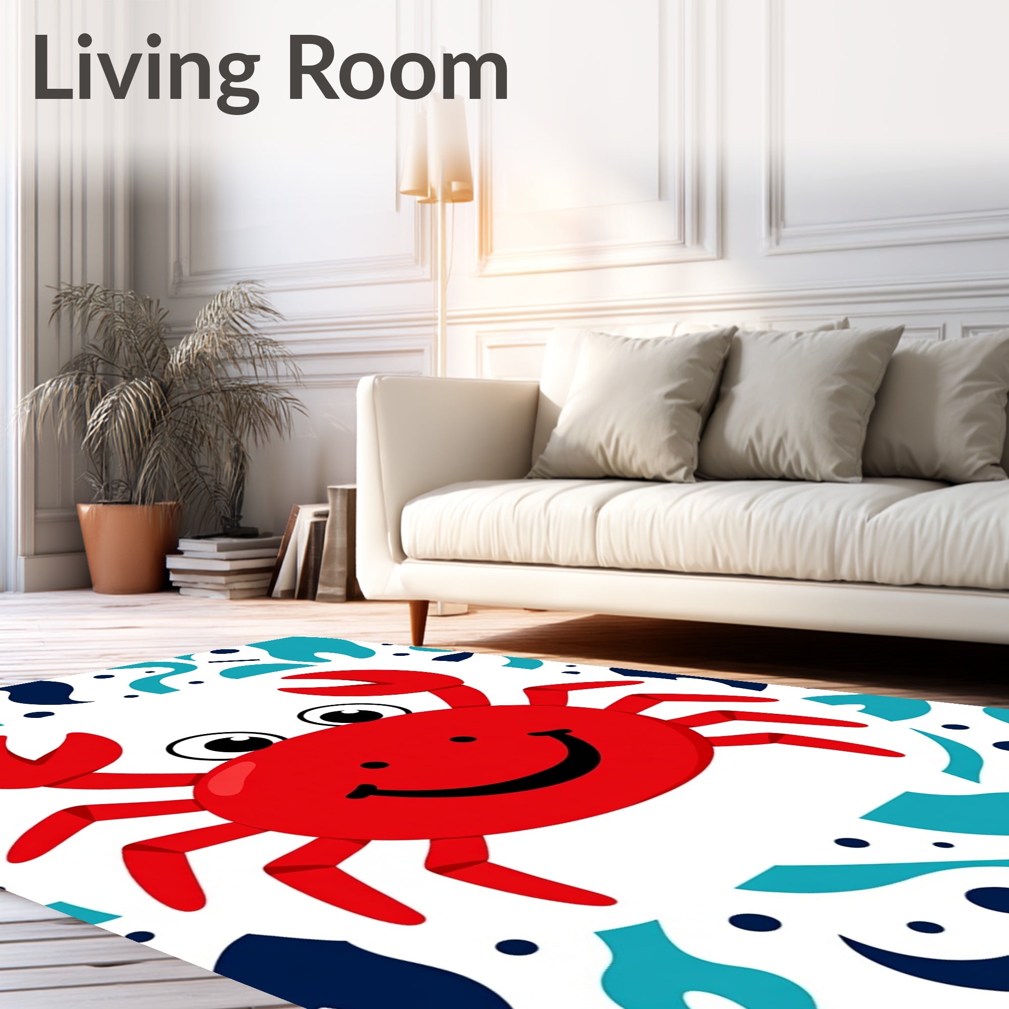 Happy Red Crab Blue Wave Accents Rug