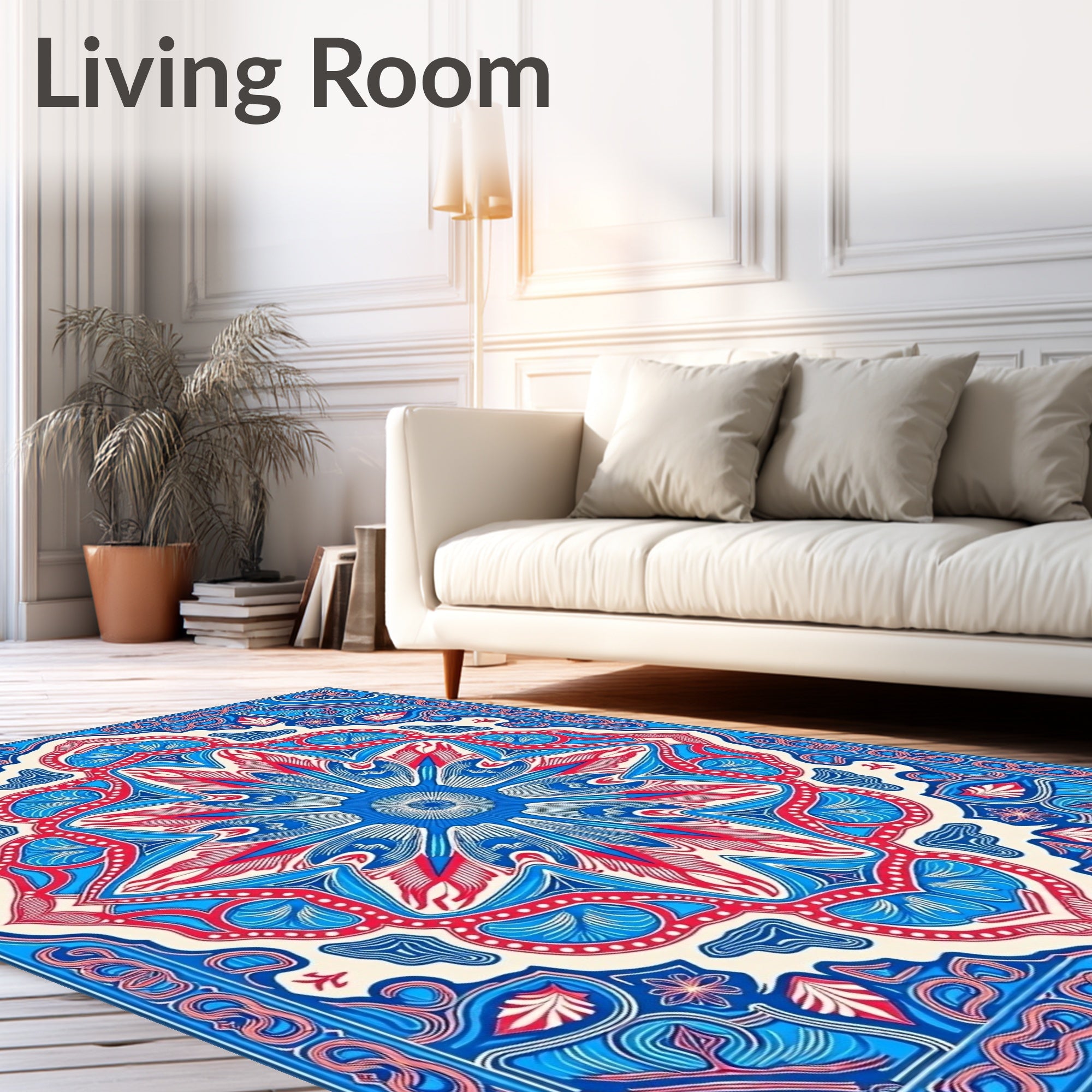 Vibrant Blue Red Floral Mandala Square Rug