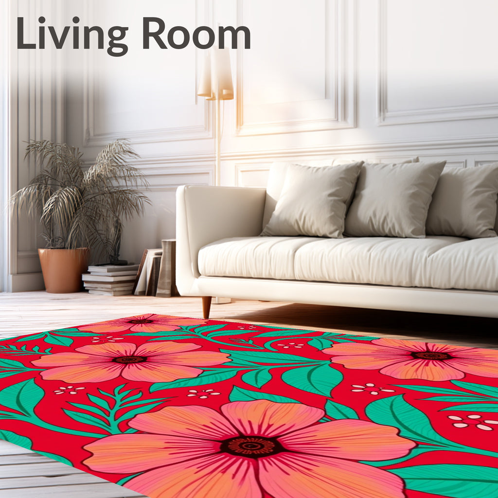 Vibrant Coral Floral Foliage Background Rug
