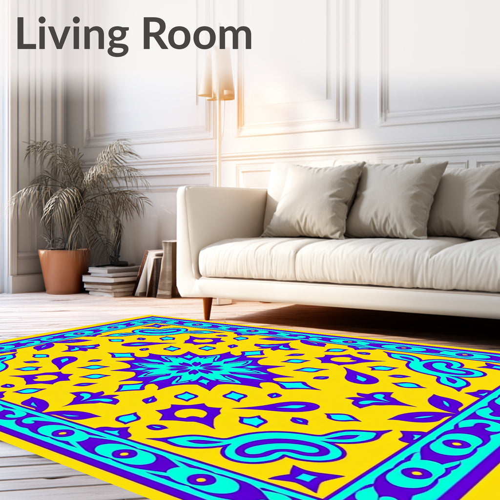 Vibrant Yellow Cyan Purple Medallion Border Rug