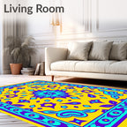 Vibrant Yellow Cyan Purple Medallion Border Rug