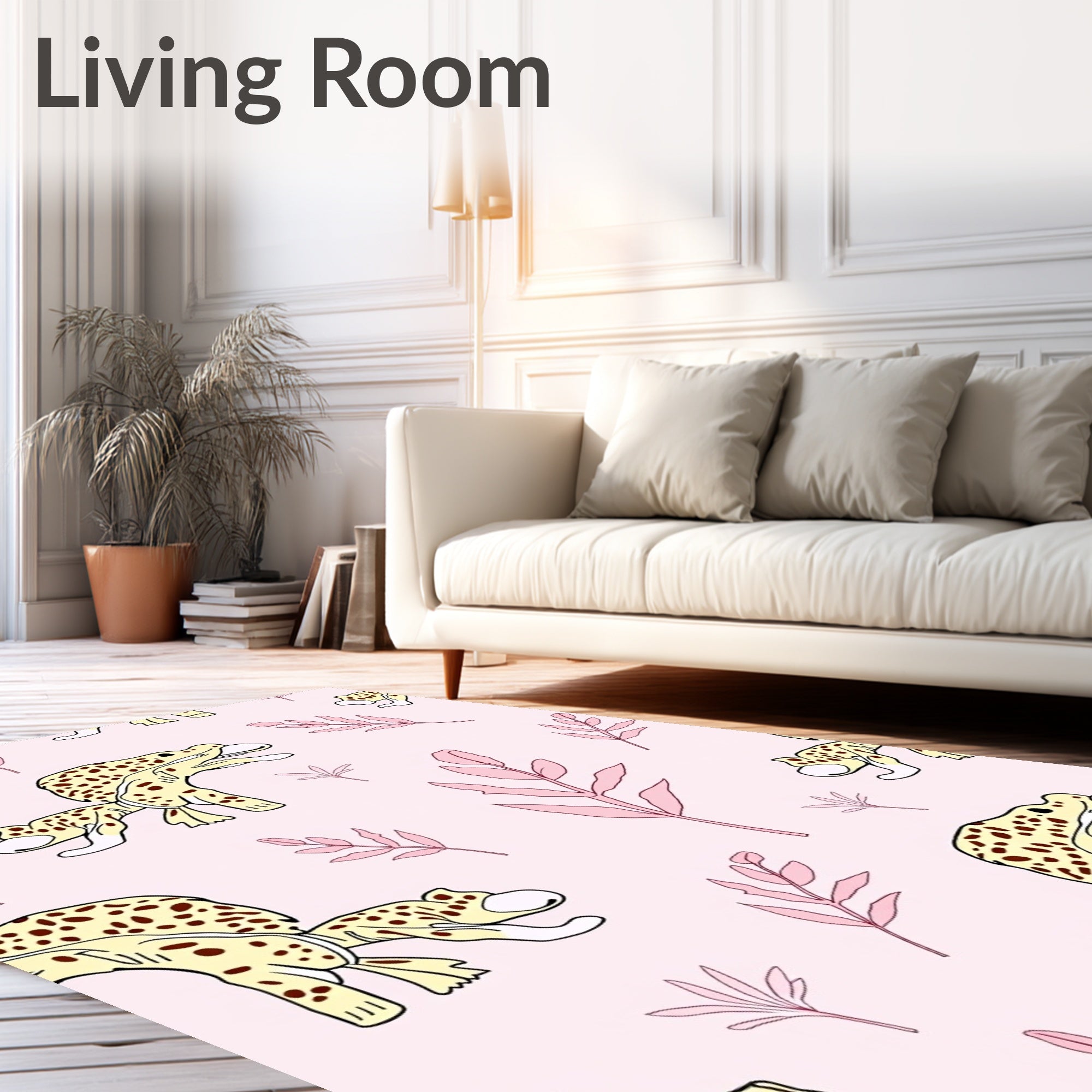Whimsical Yellow Leopard Botanical Scene Rug