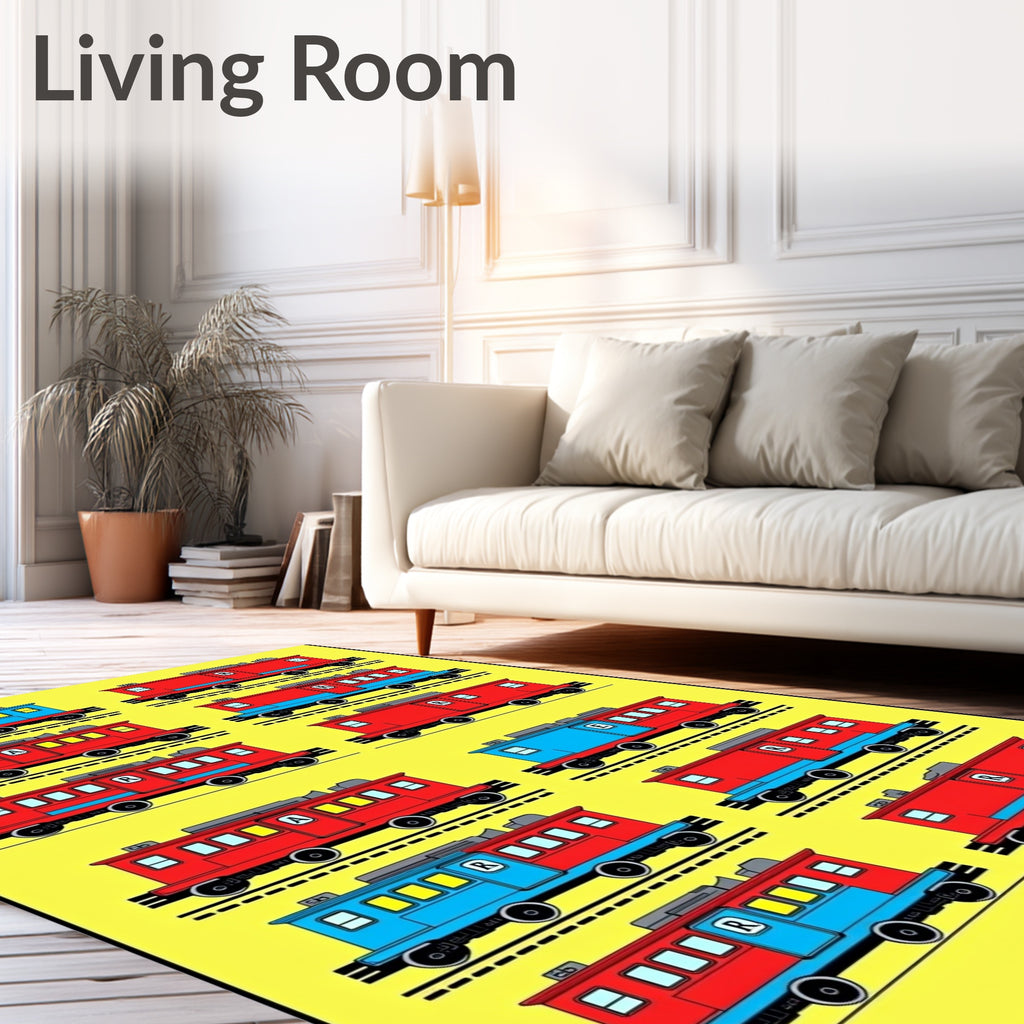 Retro Red Blue Train Cars Rug