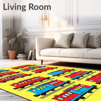 Retro Red Blue Train Cars Rug