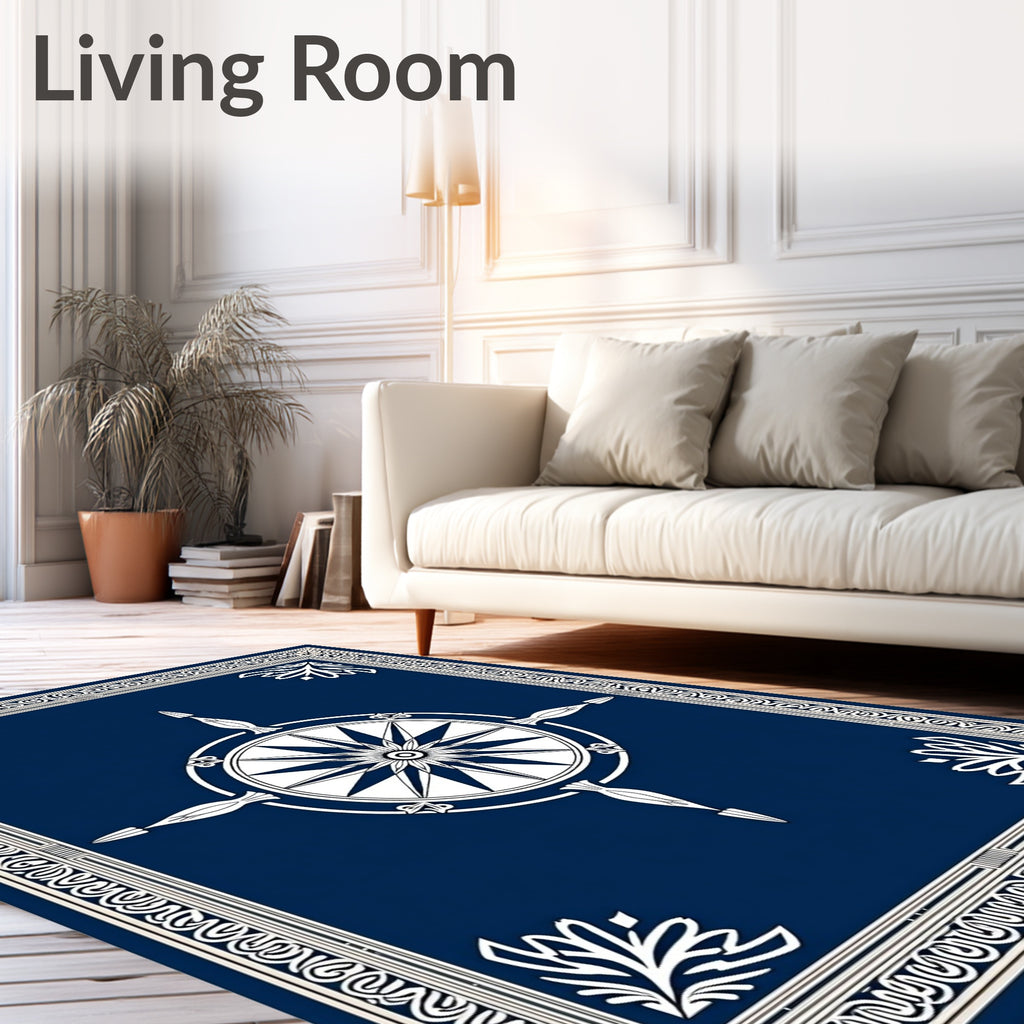 Classic Blue Compass Rose Border Rug