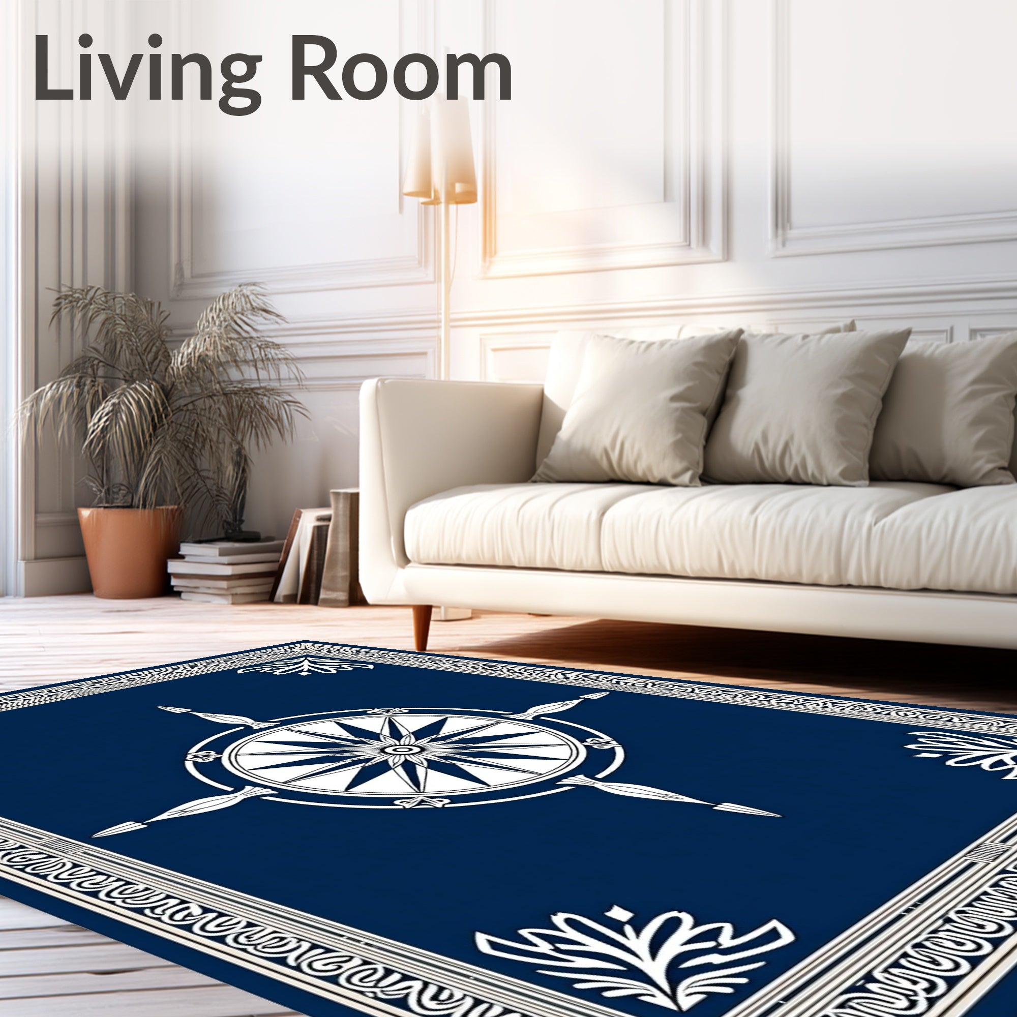 Classic Blue Compass Rose Border Rug