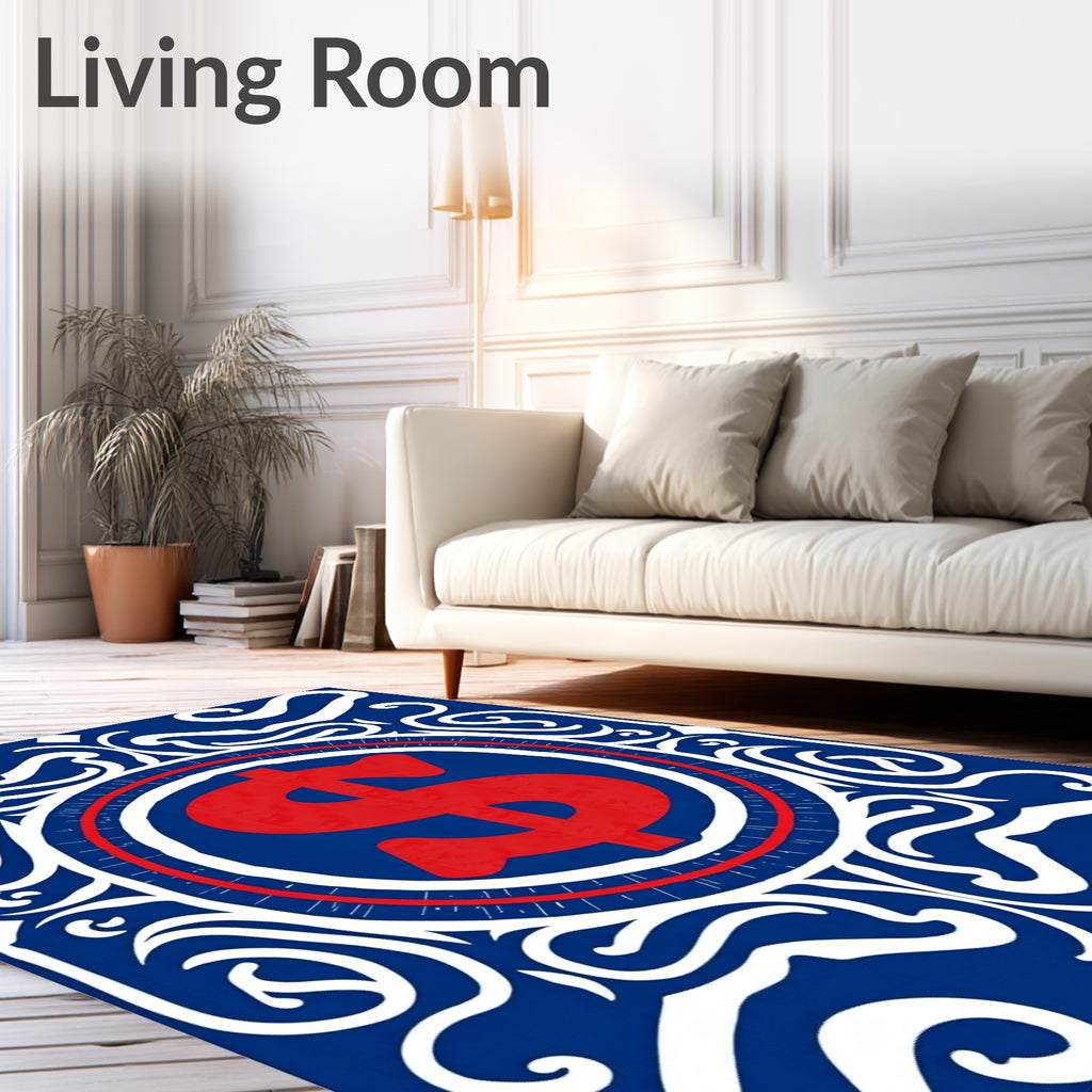 Bold Red Dollar Emblem Blue Swirls Rug