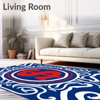 Bold Red Dollar Emblem Blue Swirls Rug