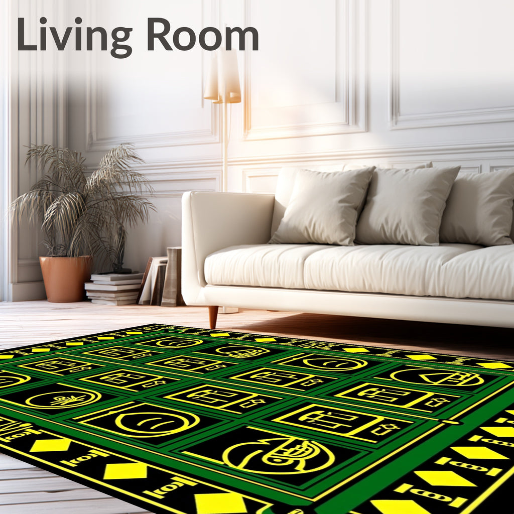 Green Black Yellow Emblematic Grid Rug