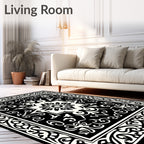 Classic Black White Medallion Border Design Rug