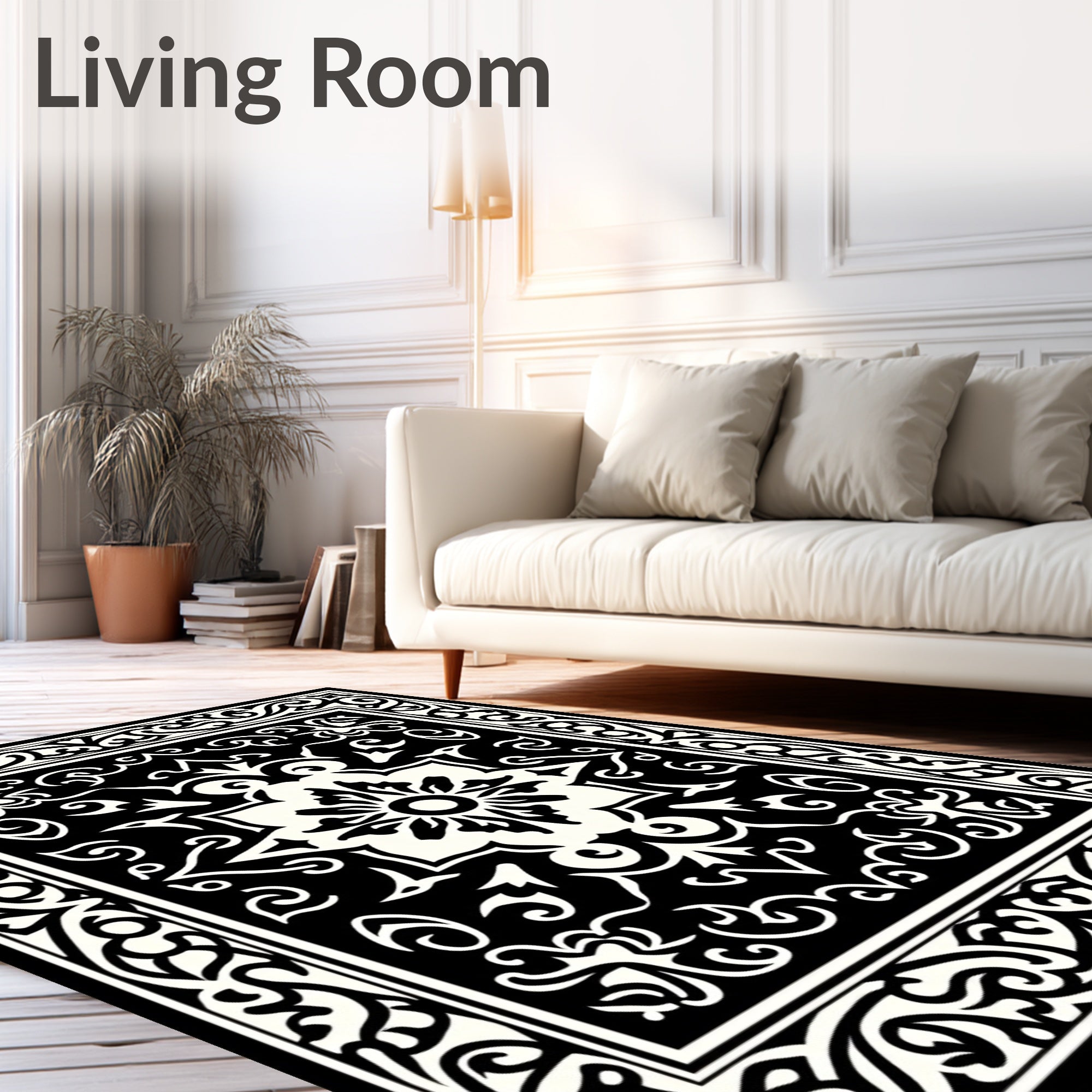 Classic Black White Medallion Border Design Rug
