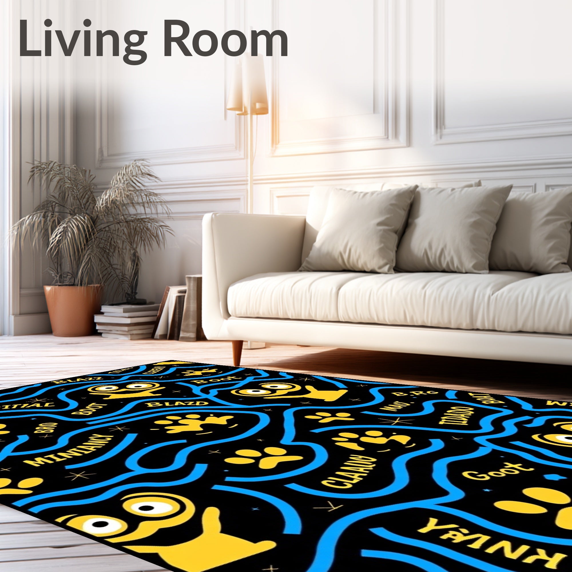 Whimsical Yellow Characters Blue Waves Rug
