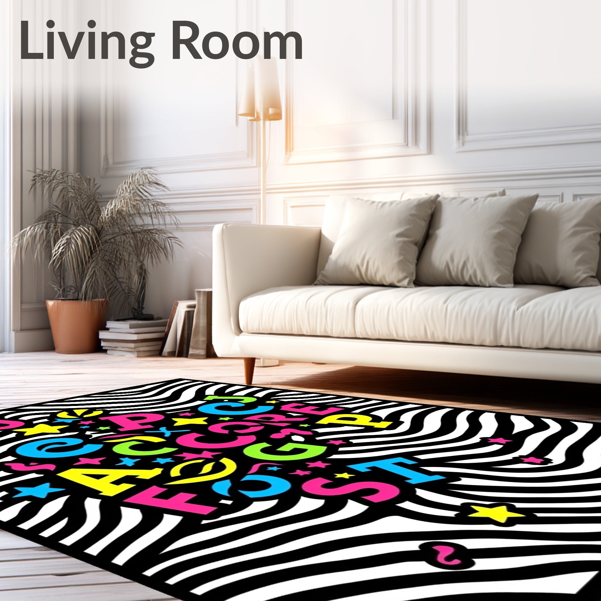Neon Alphabet Stars Zebra Stripes Rug