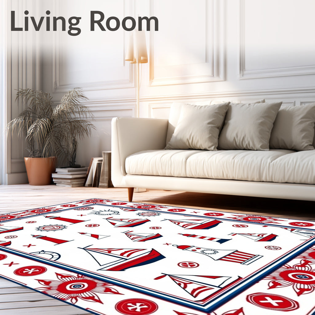 Nautical Red White Sailboats Lighthouses Border Rug