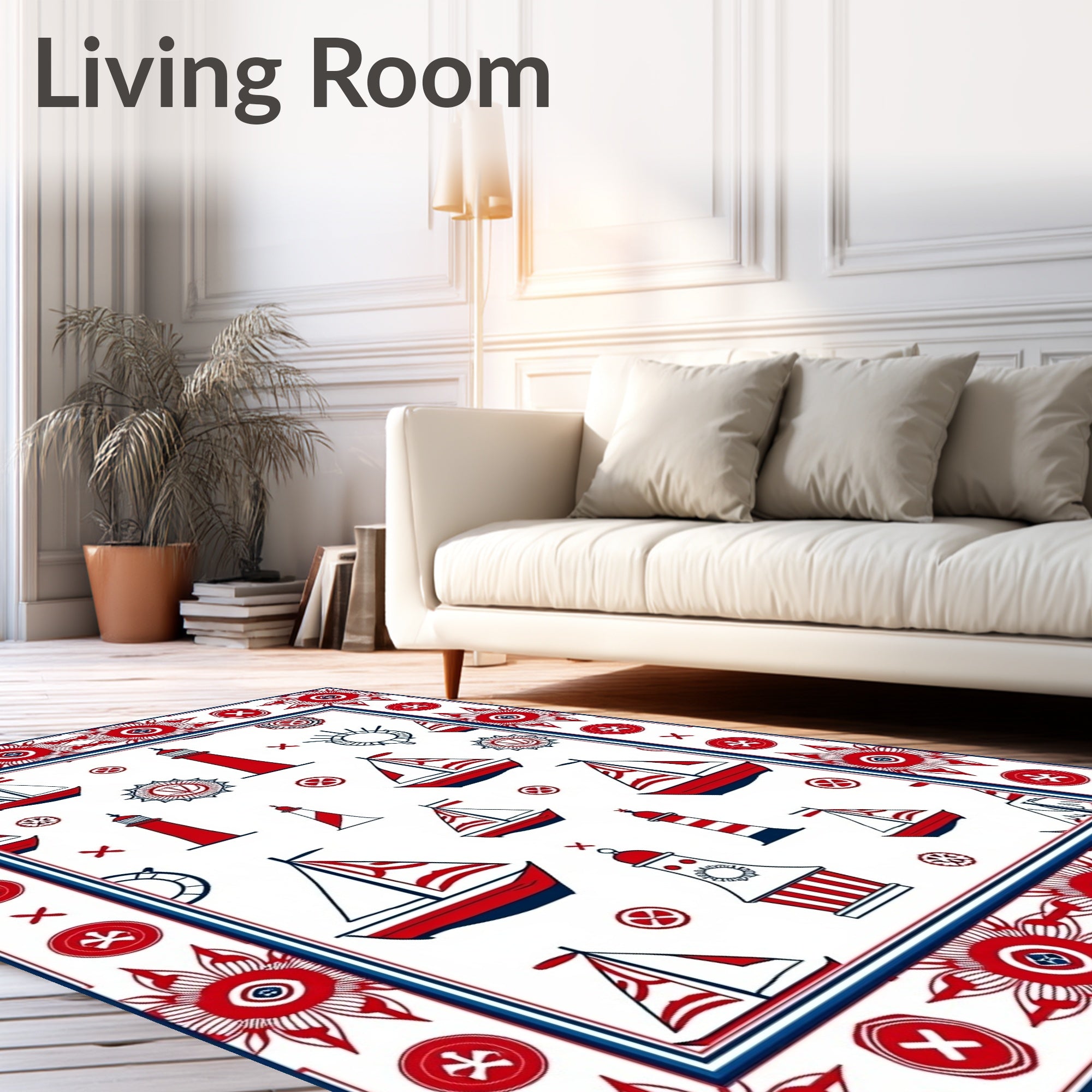Nautical Red White Sailboats Lighthouses Border Rug