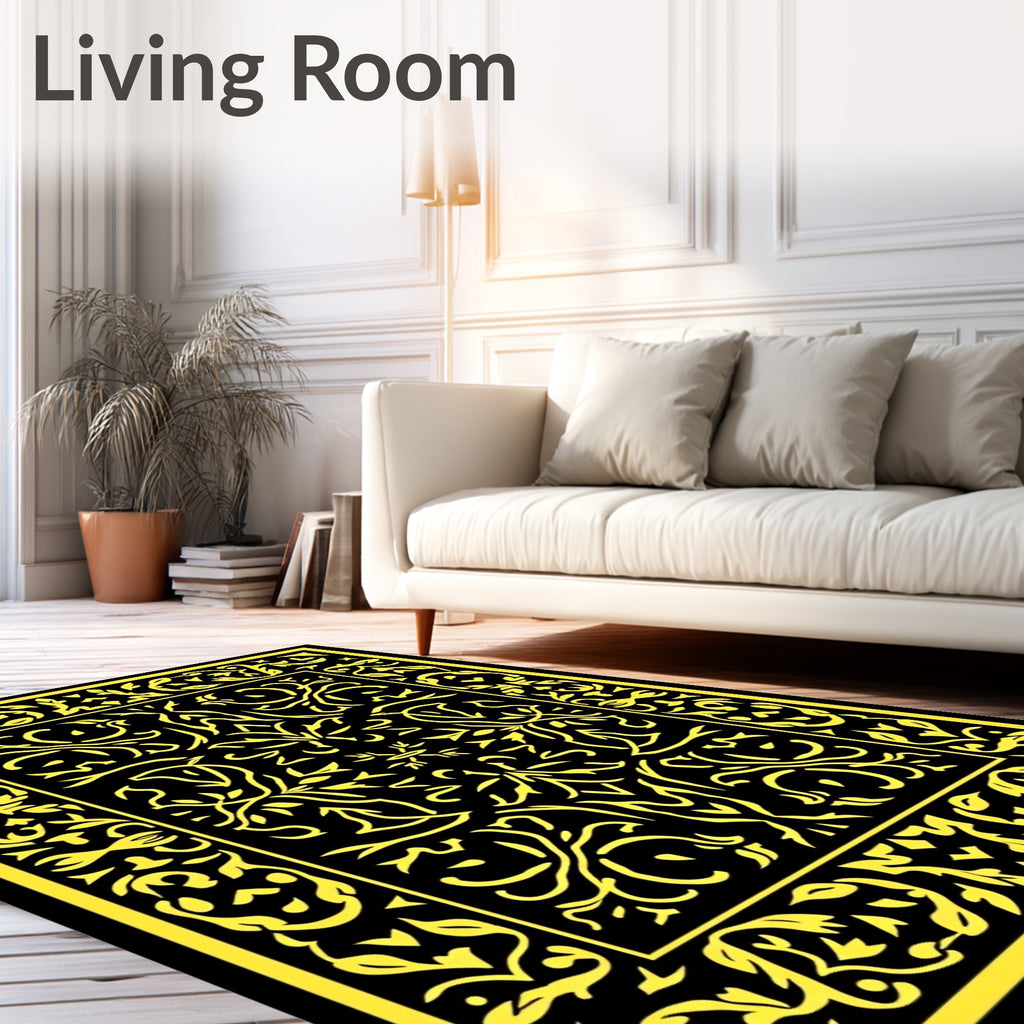 Black Golden Floral Relief Rug