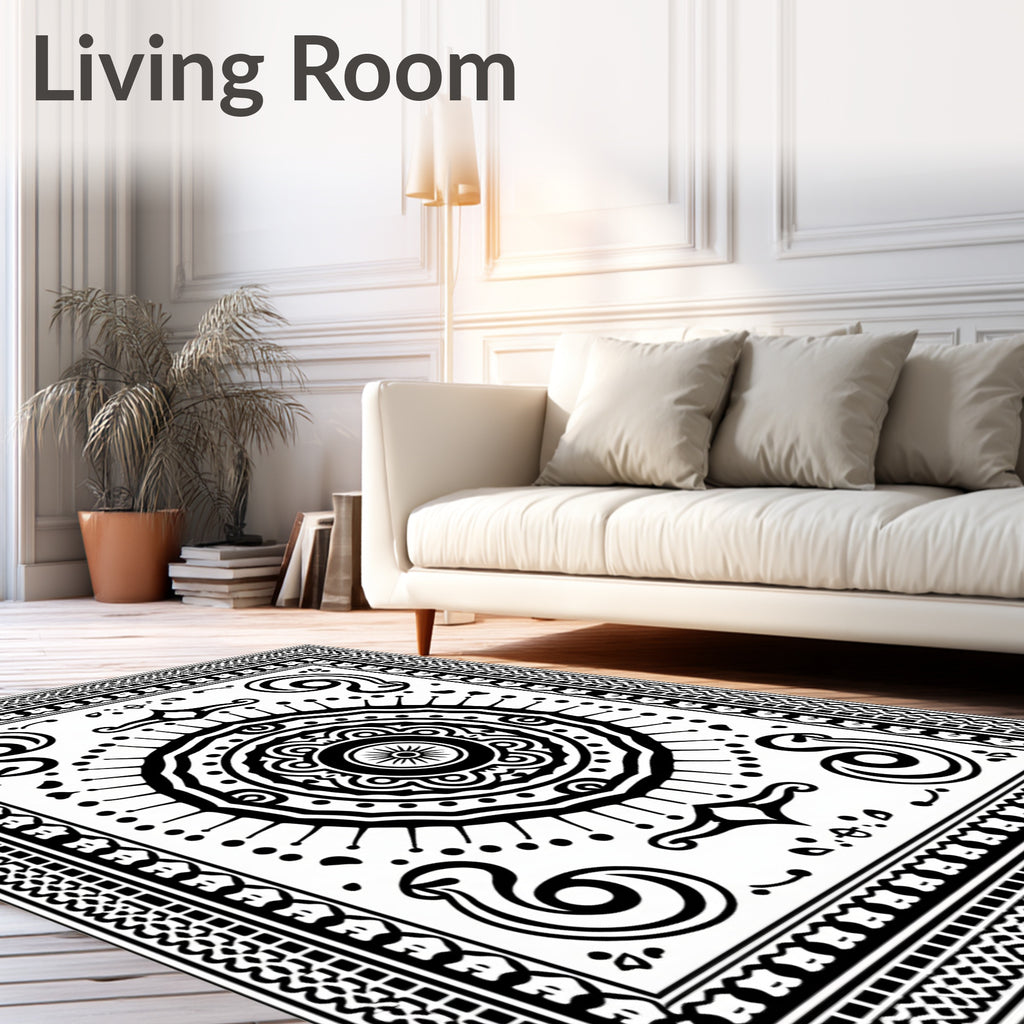 Black White Mandala Medallion Border Rug