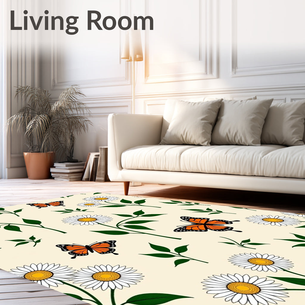 White Daisy Butterfly Garden Scene Rug