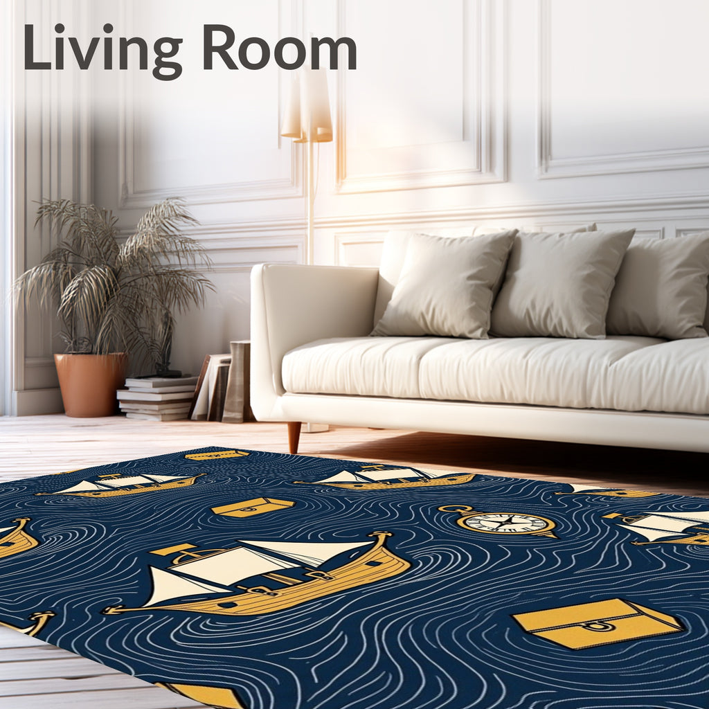 Golden Ships on Deep Blue Ocean Rug