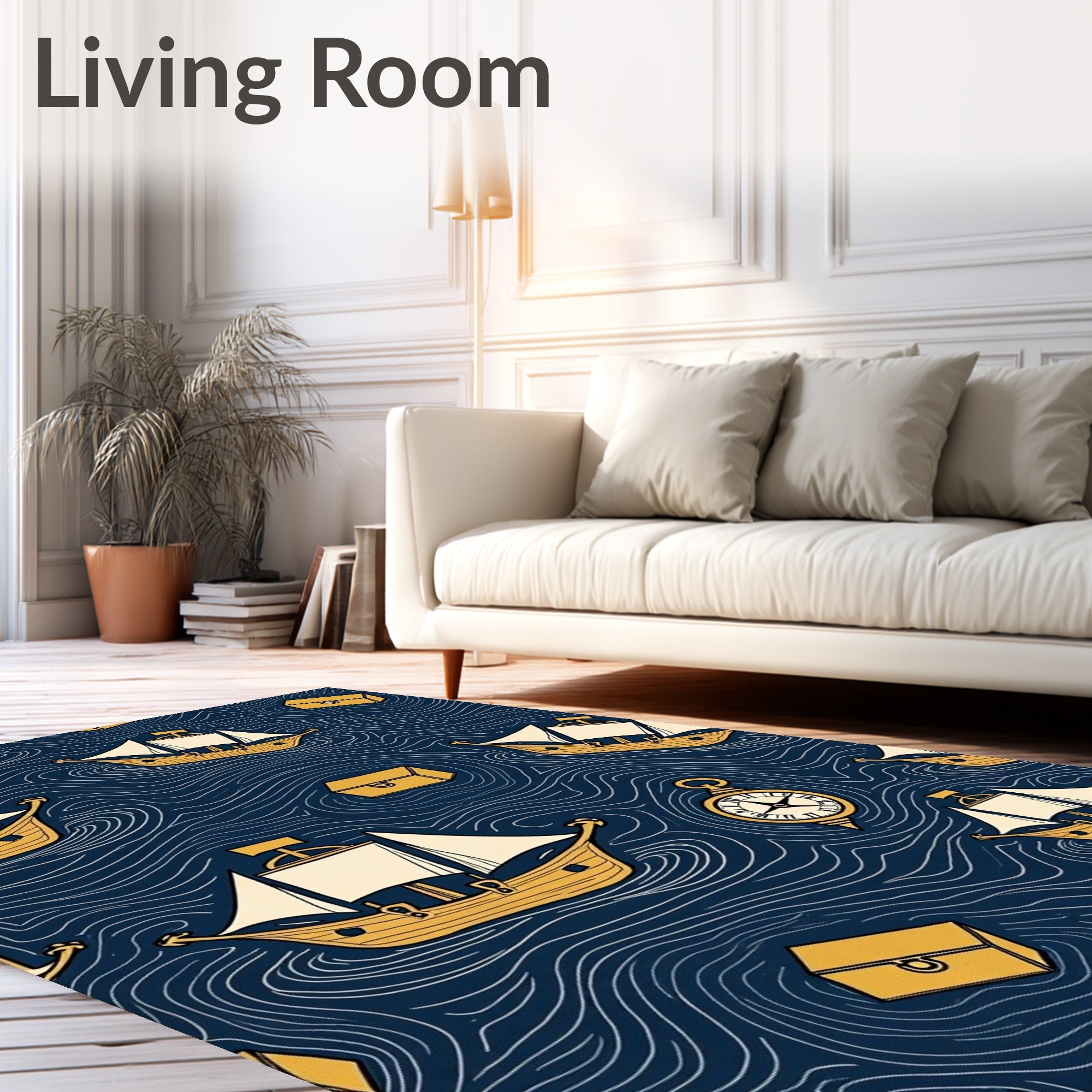 Golden Ships on Deep Blue Ocean Rug
