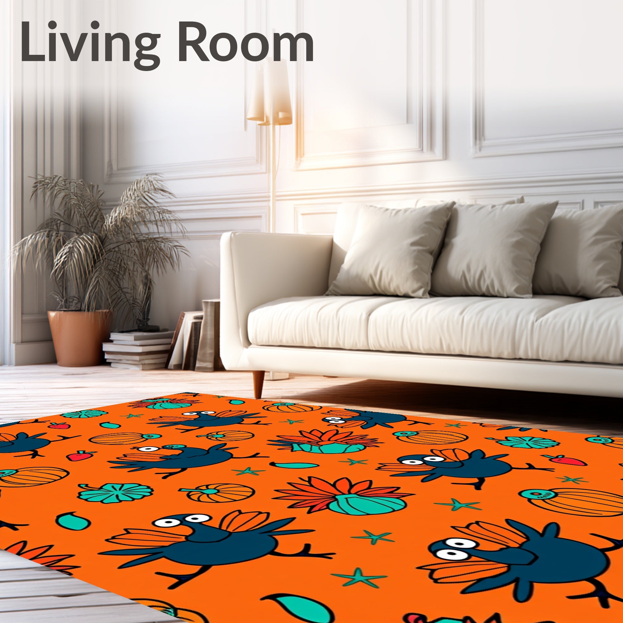 Whimsical Blue Turkey Pumpkin Harvest Rug