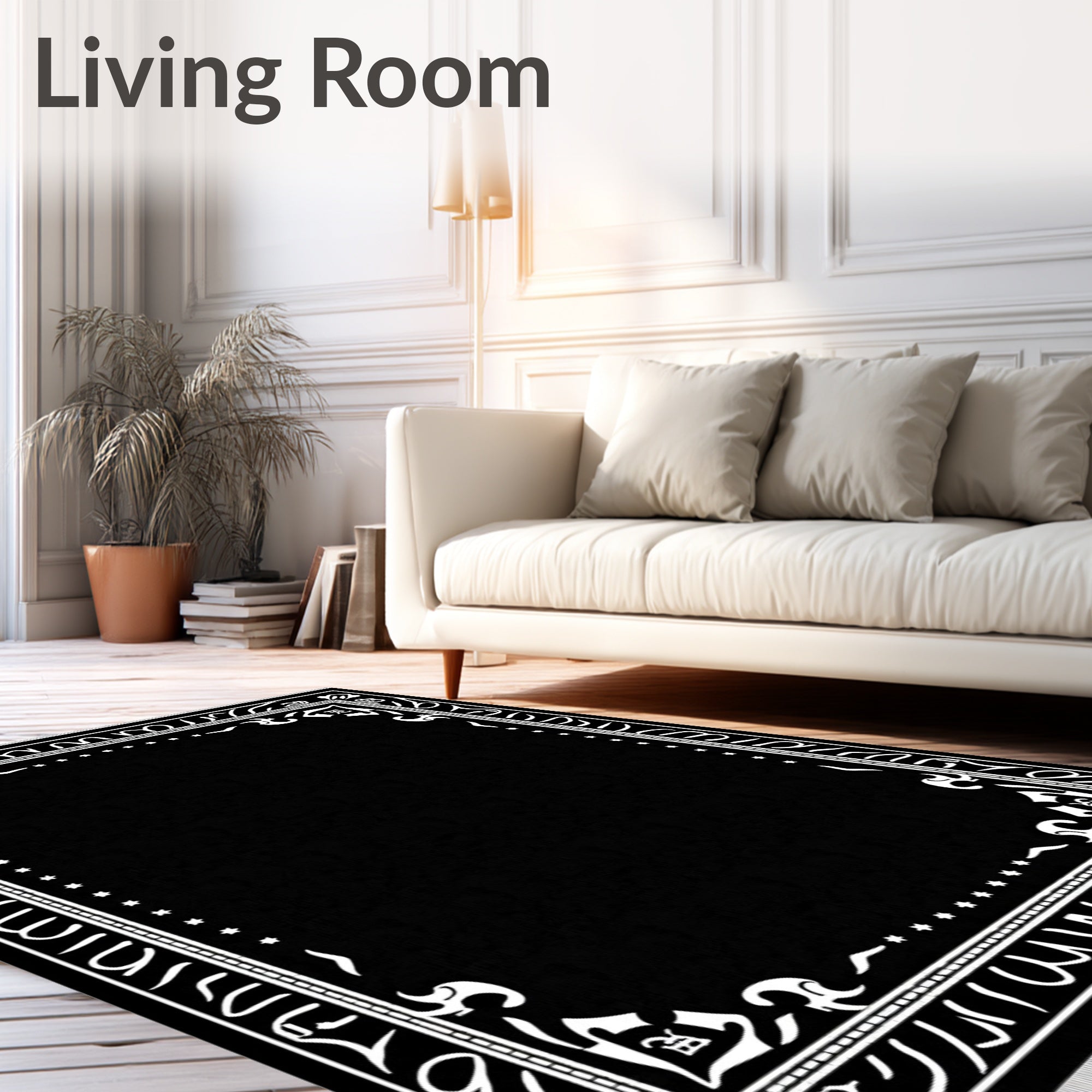 Bold Black White Ornate Border Rug