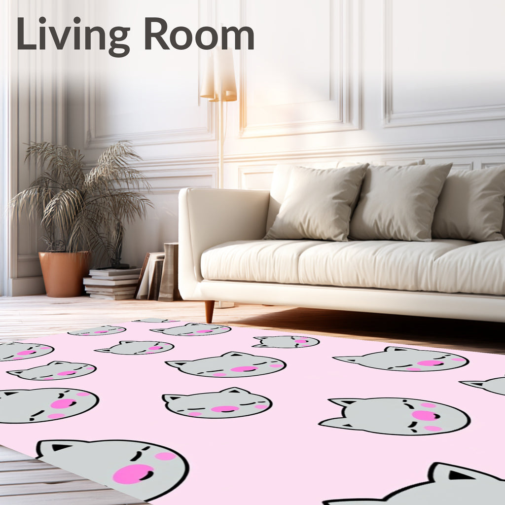 Sweet Gray Kitty Faces Pink Background Rug