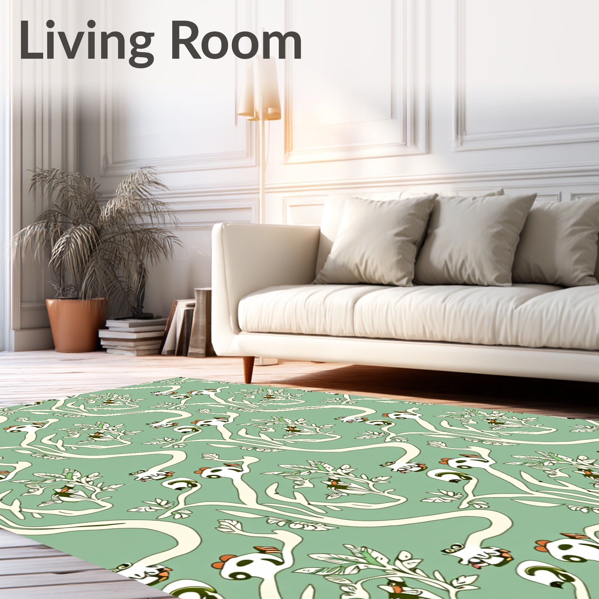 Whimsical Green Bird Tree Branch Rug