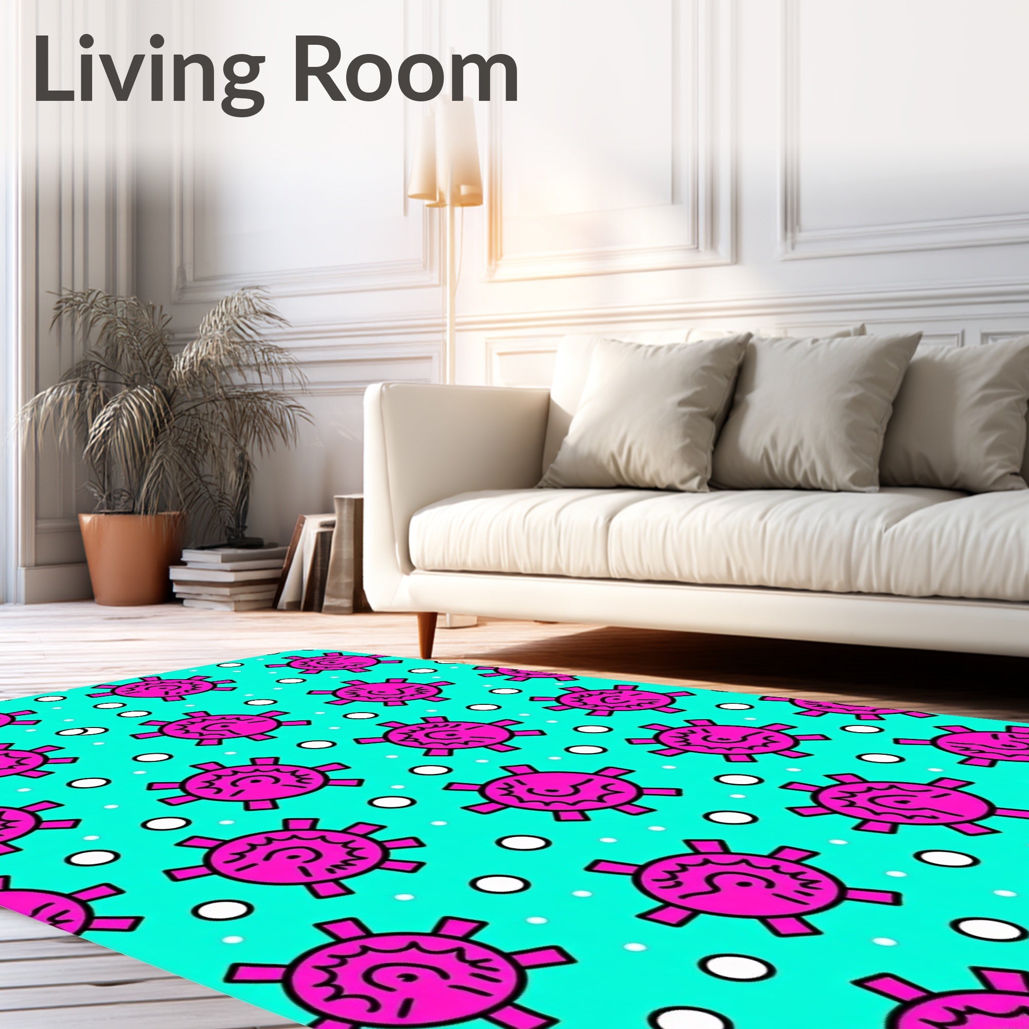 Bright Pink Sunburst Teal Dots Rug