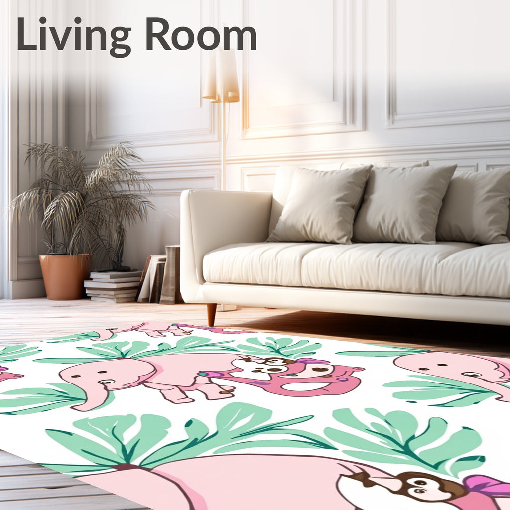 Pink Pastel Elephant Jungle Leaves Rug
