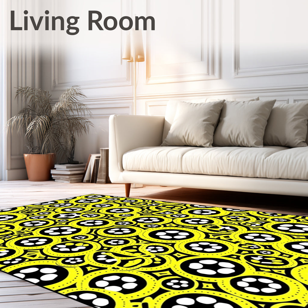 Bright Yellow Circular Soccer Ball Collage Rug