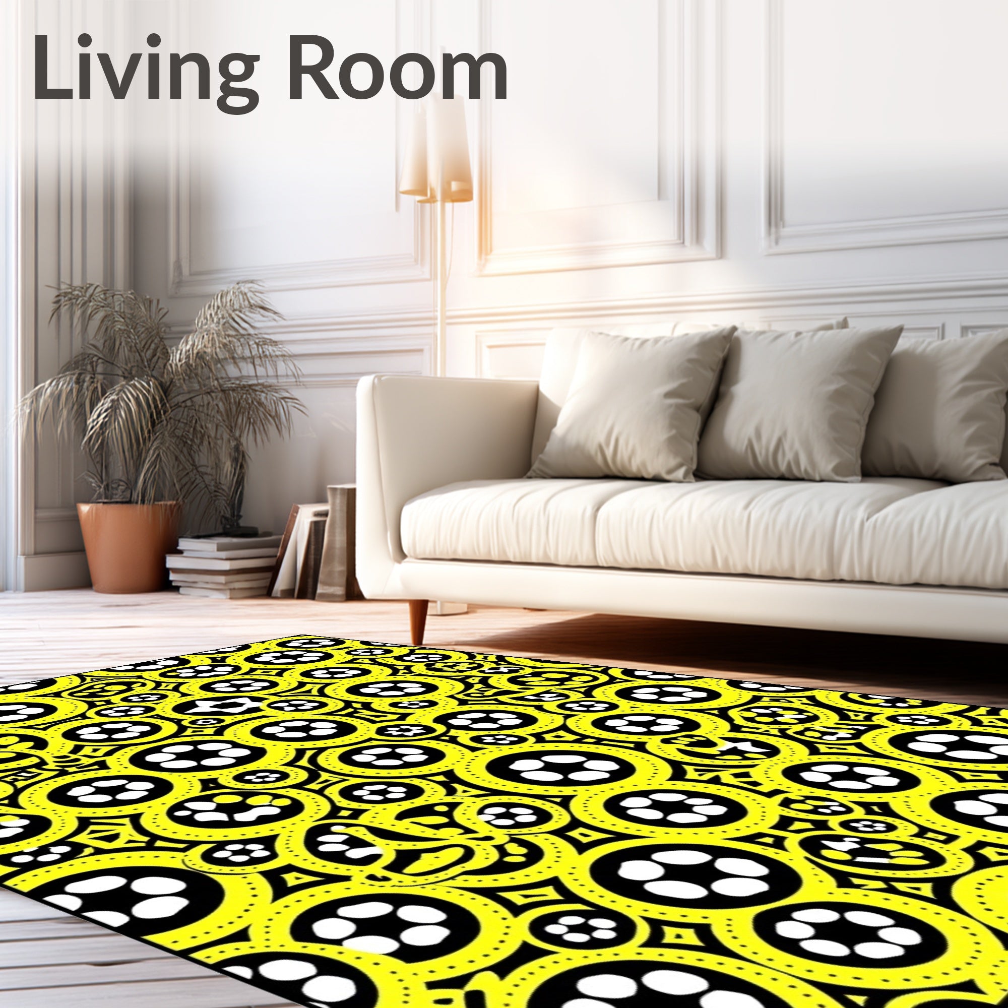 Bright Yellow Circular Soccer Ball Collage Rug