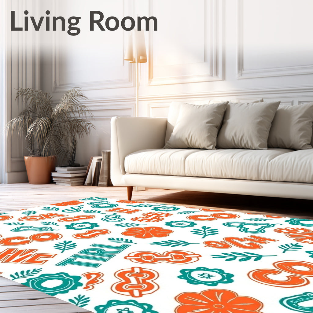 Orange Teal Alphabet Floral Whimsical Rug