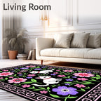 Floral Bordered Puppy Garden Black Rug