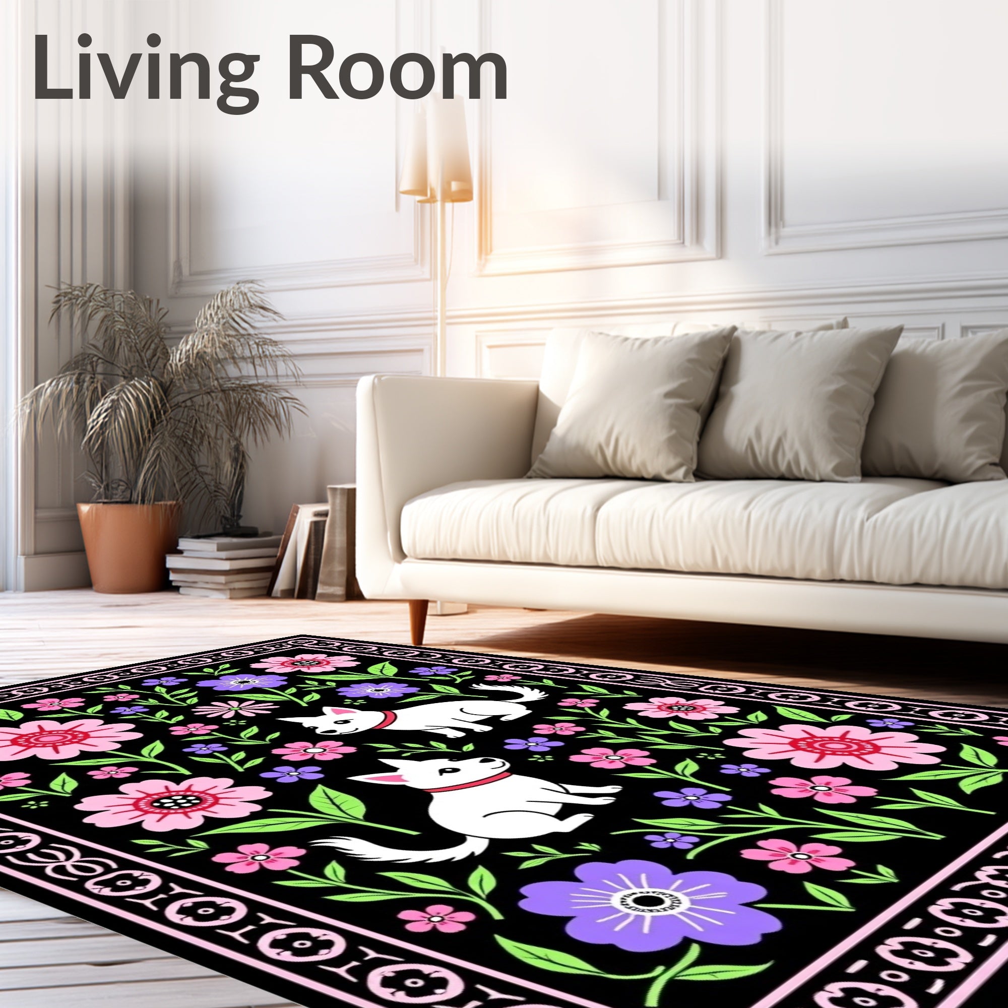 Floral Bordered Puppy Garden Black Rug