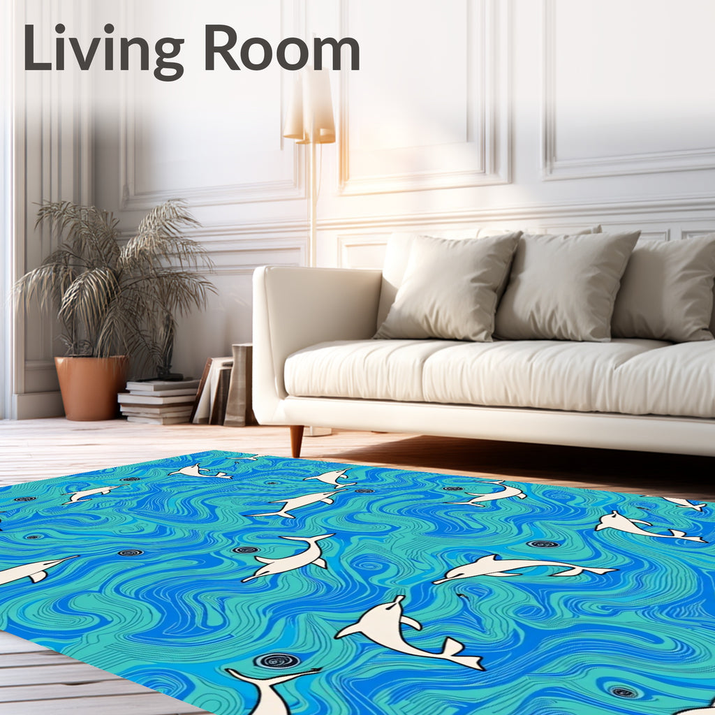 Playful Dolphins in Turquoise Swirling Waves Rug