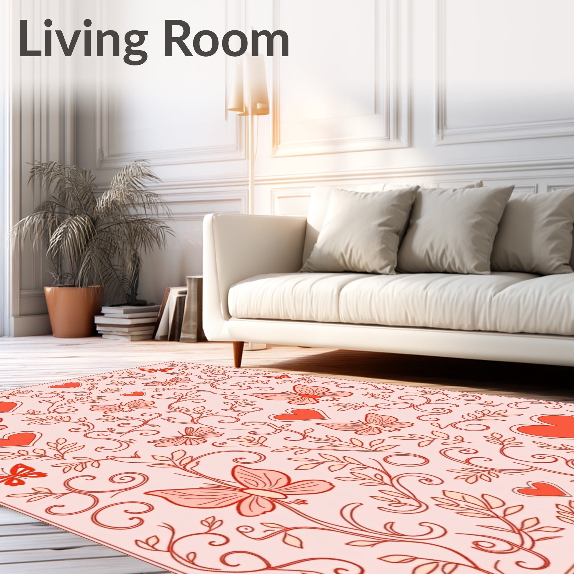 Coral Butterflies Hearts Floral Vines Rug