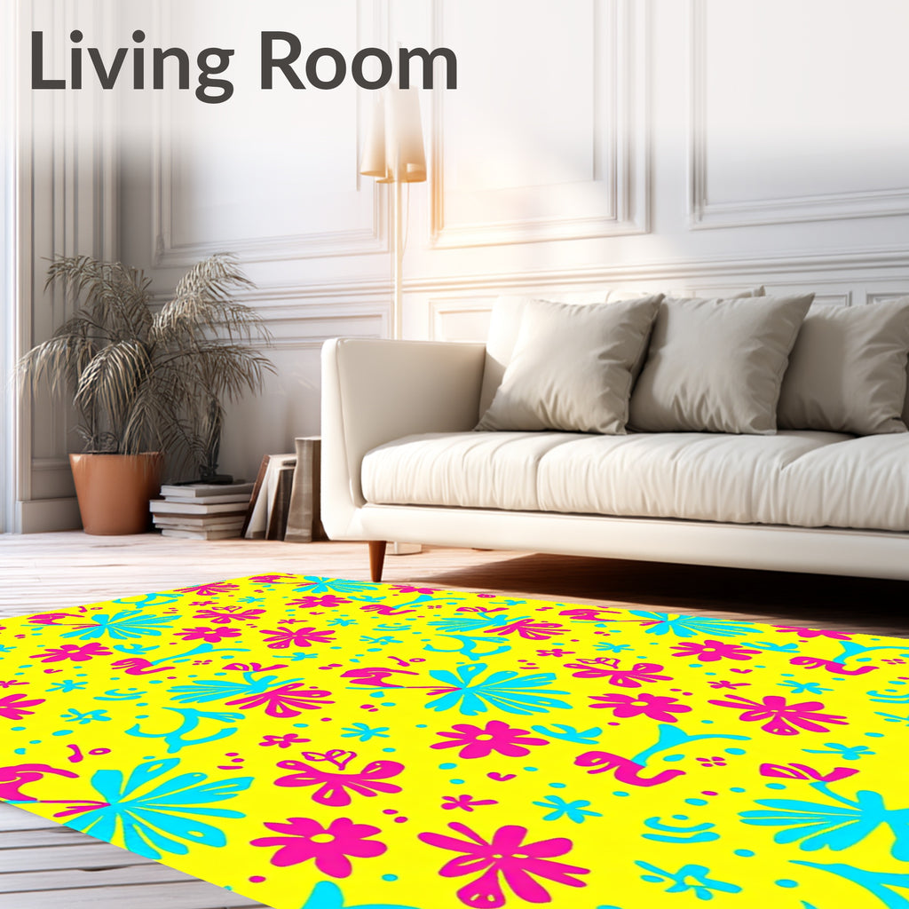 Bright Yellow Pink Blue Floral Bloom Rug