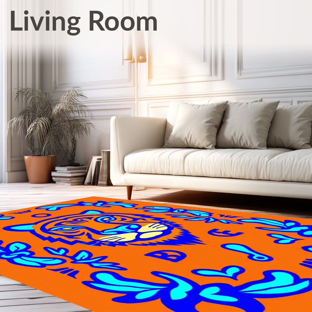 Tribal Orange Blue Tiger Face Rug