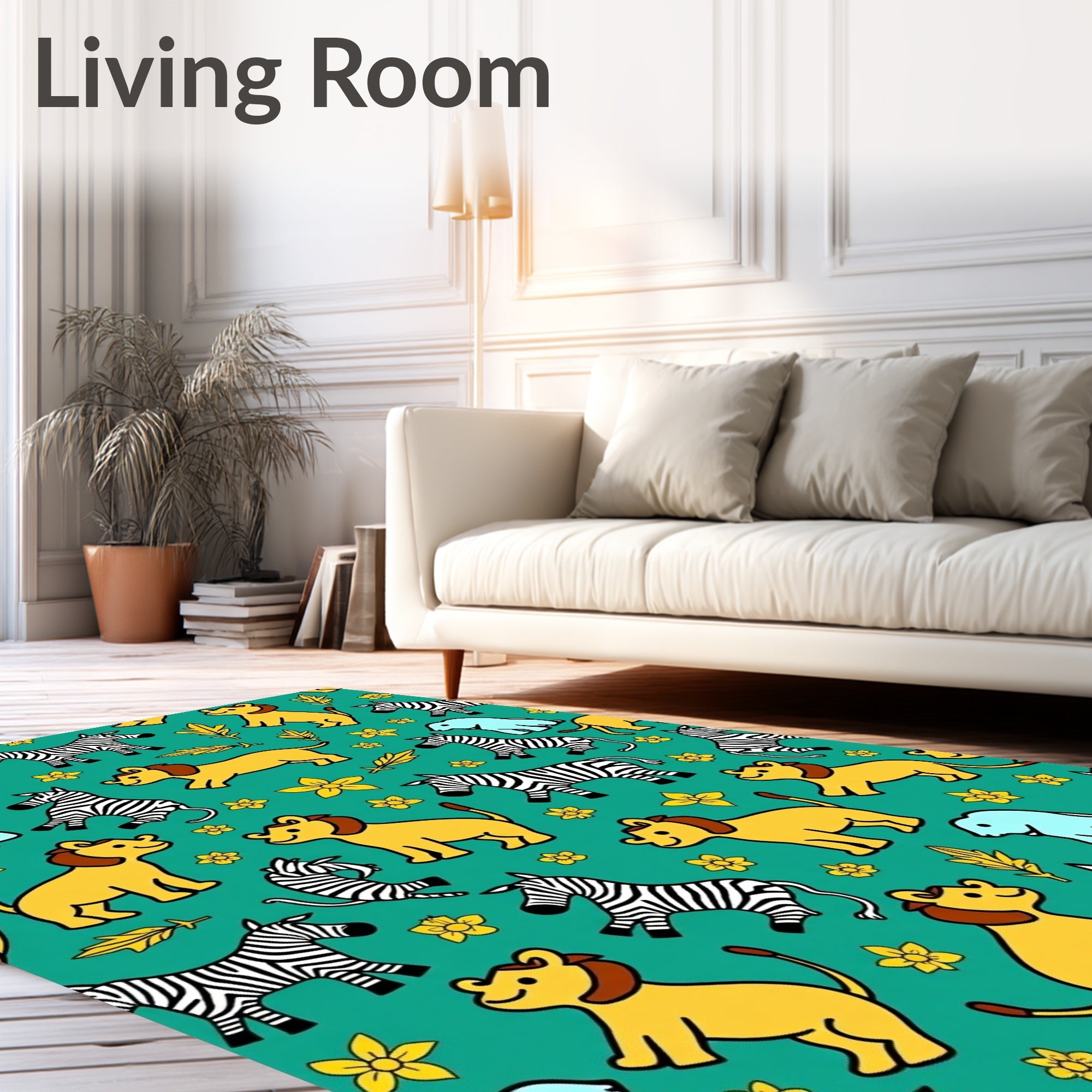 Happy Safari Animals Yellow Green Background Rug