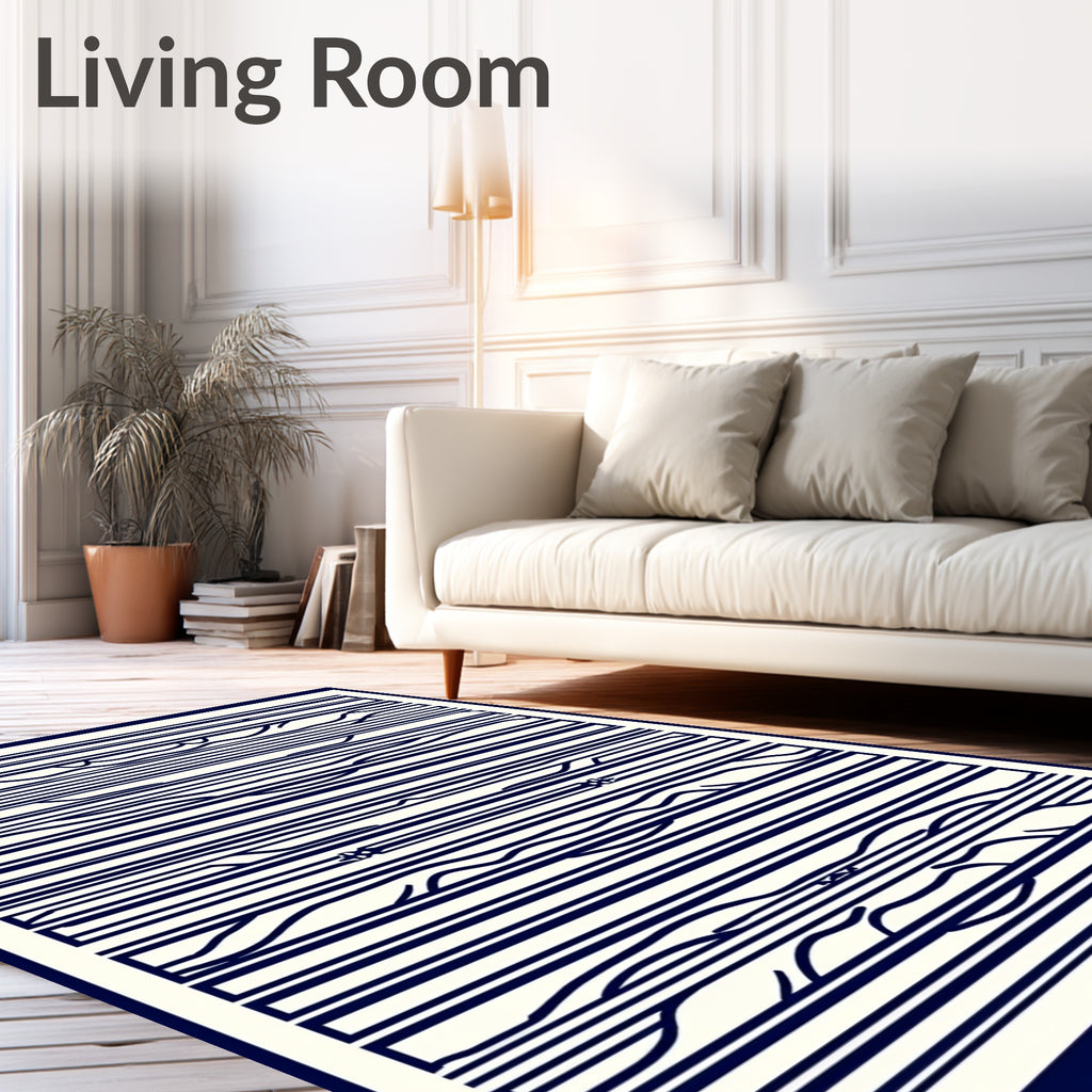 Navy White Abstract Wavy Stripe Rug