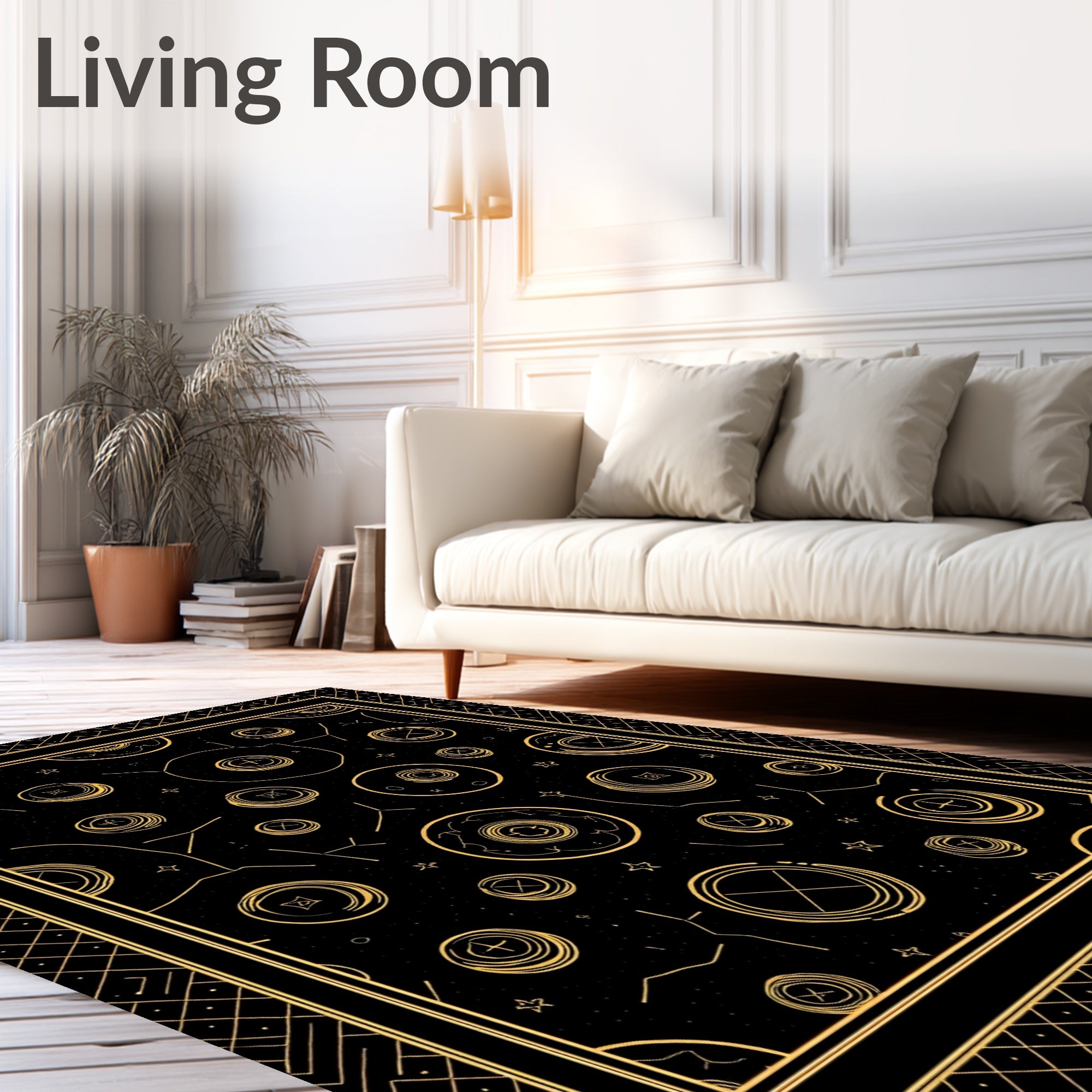 Golden Celestial Orbs Black Rug