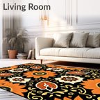 Bold Orange Floral Swirl Black Rug