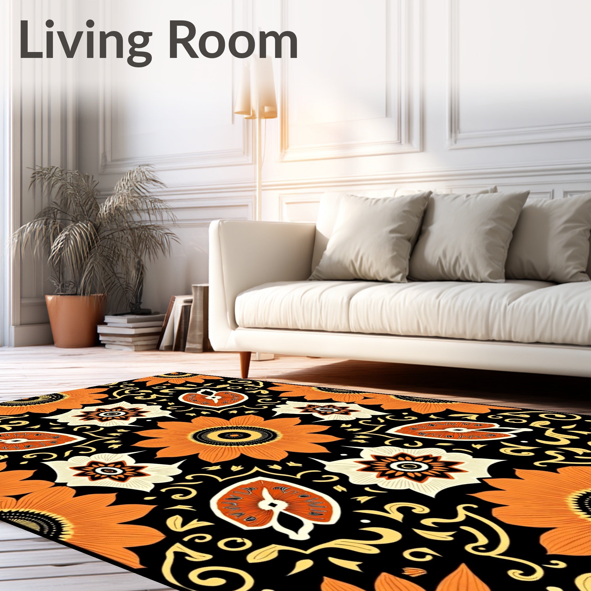 Bold Orange Floral Swirl Black Rug