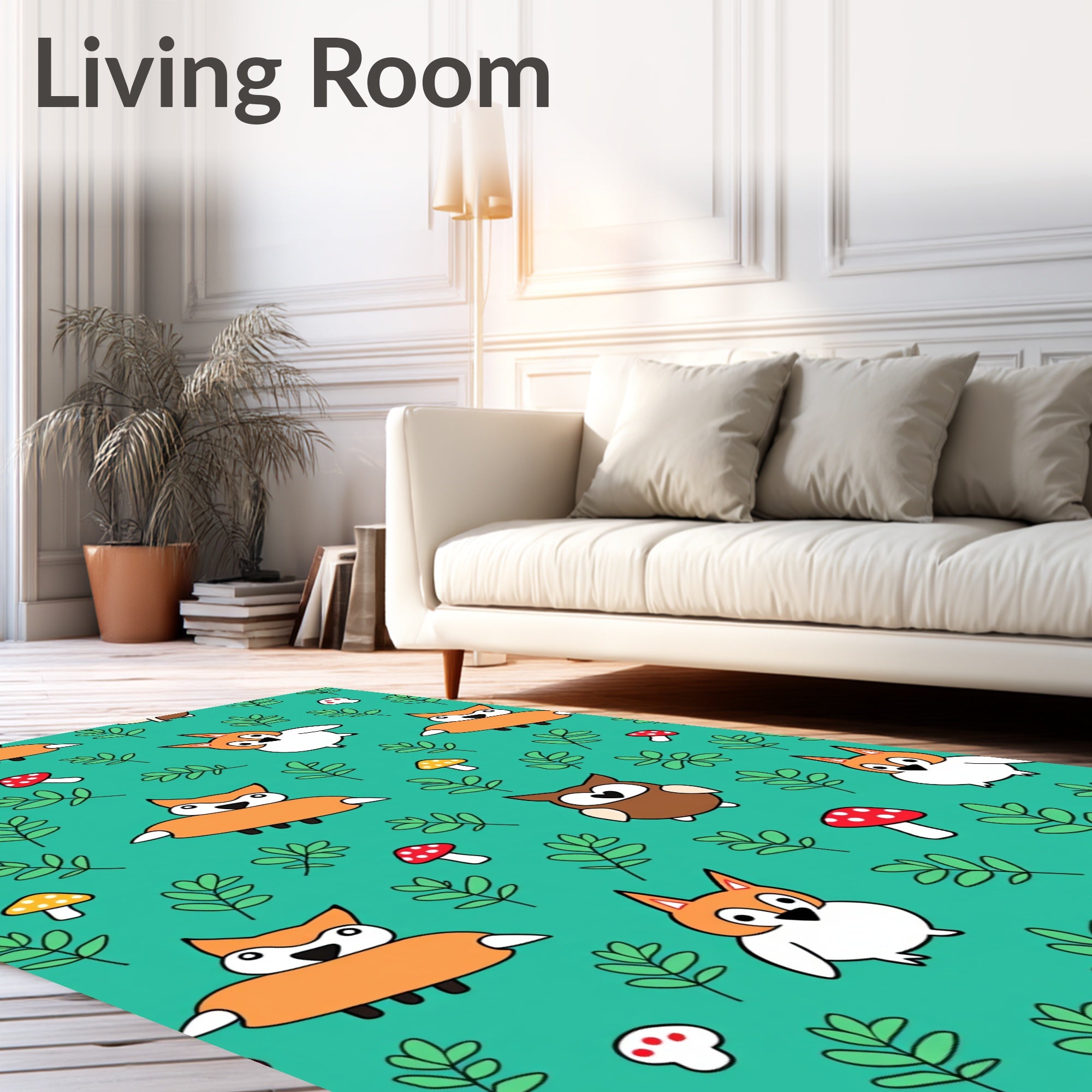 Woodland Creatures Green Leafy Teal Rug